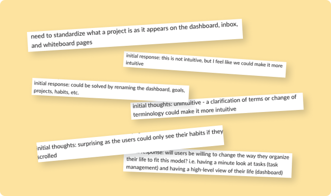 Snippets of notes from our design meetings with our initial thoughts on our partner’s prototype