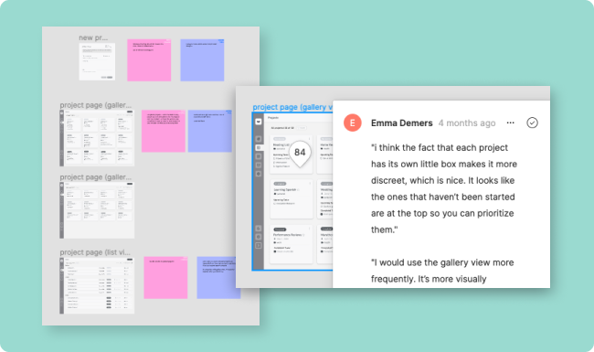 Two screenshots from Figma of our user feedback, featuring a Figma comment