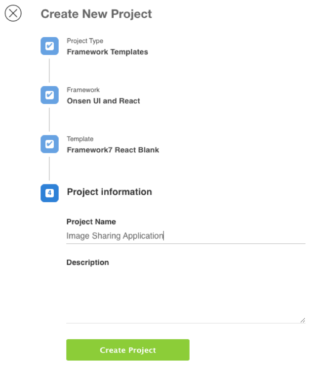 The options to select when creating the project on Monaca cloud