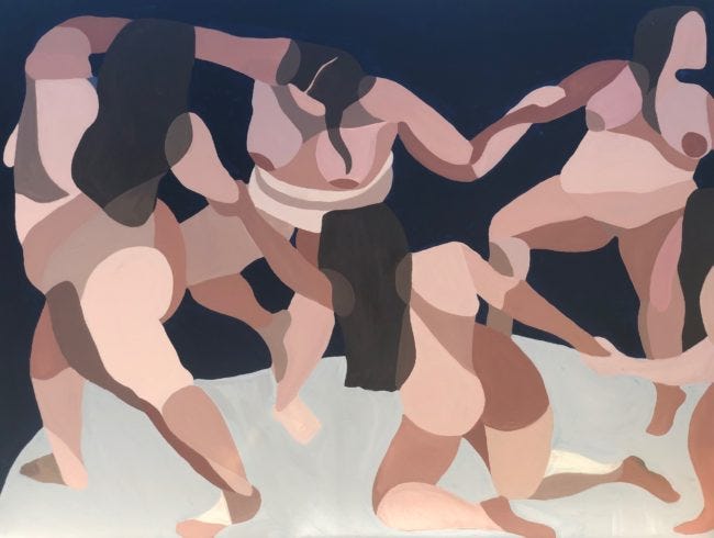 A contemporary art piece displaying naked people in different leveled poses holding hands