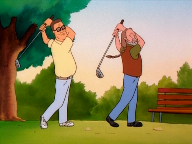 Hank Hill and Willie Nelson swinging golf clubs