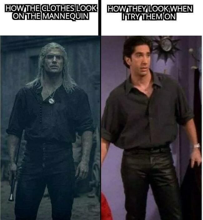 Geralt of Rivia and Ross from the TV show Friends, side by side in the leather outfit.