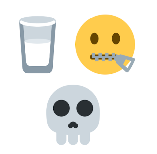 two rows of emojis — white milk & a zippered shut mouth on the top row — skull on bottom row