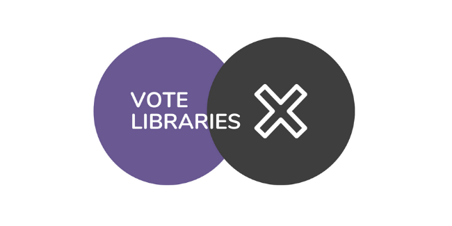 Image depicting the logo of the ‘Vote Libraries’ campaign. It comprises two interlocking circles, one purple and the other black. The purple one contains the words ‘Vote Libraries’. The black circle contains a cross signifying a vote.