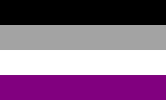 The asexuality flag. Four horizontal stripes. Black on top, gray under black, white under gray, and purple under white.