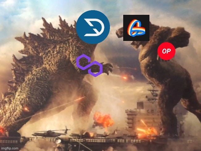 Dystopia as Godzilla fighting Optimism as King Kong