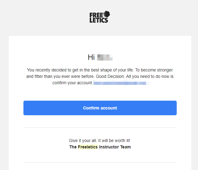Freeletics Account Confirmation email