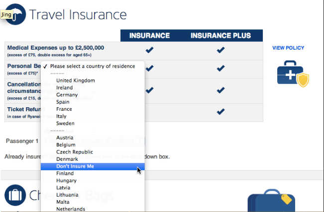 RyainAir’s travel insurance page where ‘Don’t insure me’ is hidden in a dropdown list of countries