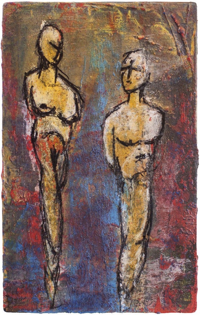 figure paintings "they both desperately wanted to believe the other..." by Maui Hawaii artist Shane Robinson