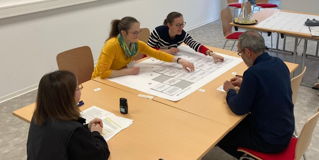 People sitting around a desk and sorting cards with values in a grid from very important to not important.