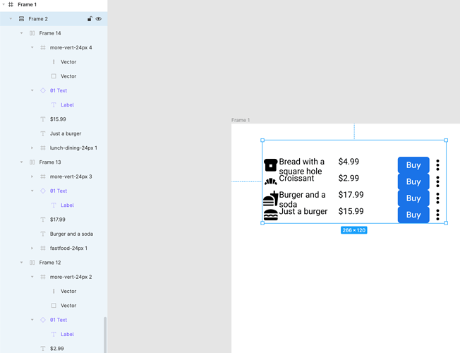 Demonstrating how adding frames to child elements in Figma can get us a little closer to our auto-layout goal.