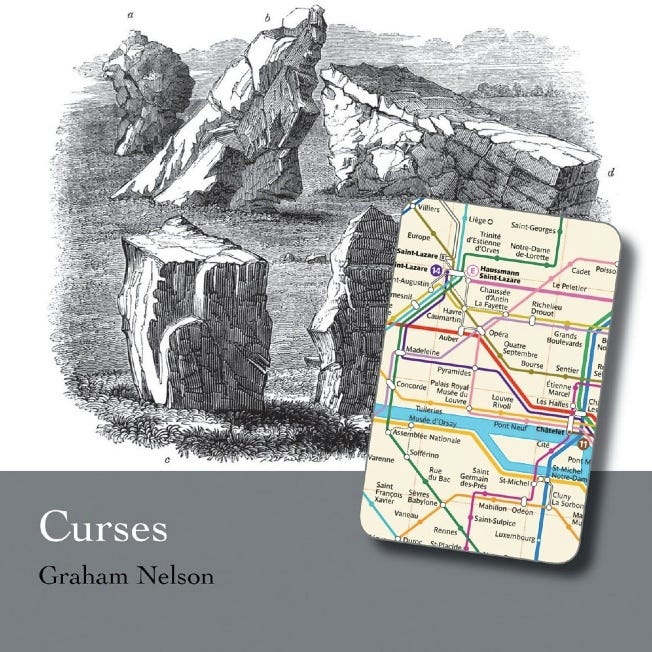 The cover art for Curses, featuring an old woodcut illustration of a group of standing stones and a portion of a subway map.