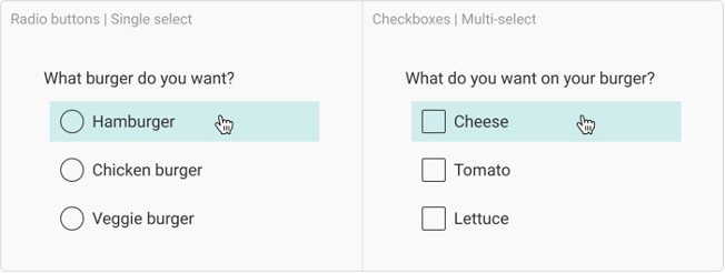 Two sets of radio buttons side-by-side. The left set of radio buttons is titled “What burger do you want?” with the three radio buttons labeled “hamburger”, “chicken burger”, and “veggie burger”. The right set of radio buttons is titled “What do you want on your burger?” with the three radio buttons labeled “cheese”, “tomato”, and “lettuce”.