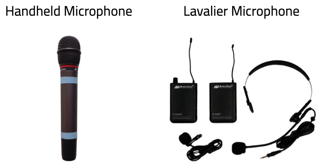 A handheld microphone and a lavalier with two battery packs and a headset.