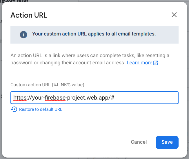 Screenshot of the Customise action URL dialog in Firebase Auth