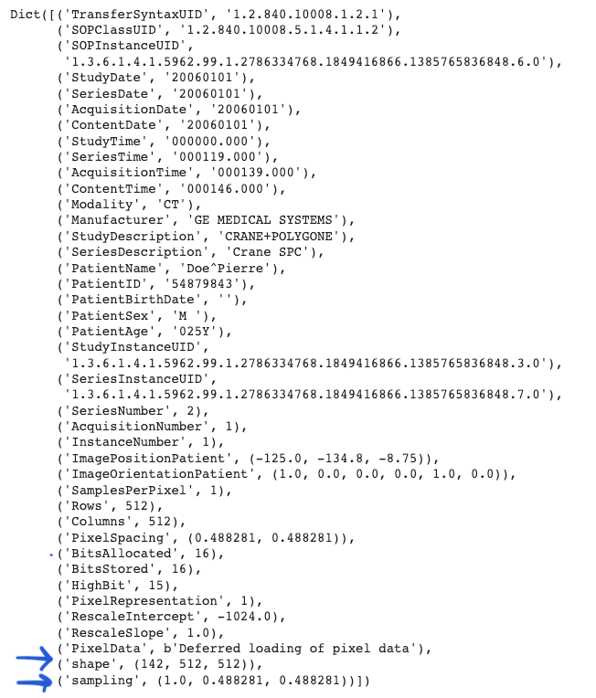 A screenshot of the metadata including in a cranial CT DICOM volume, with blue arrows highlighting the ‘shape’ and ‘sampling’ attributes.