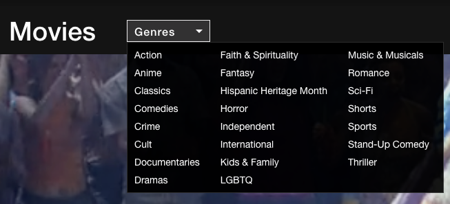 Netflix’s list of genres in small white text on desktop mode.