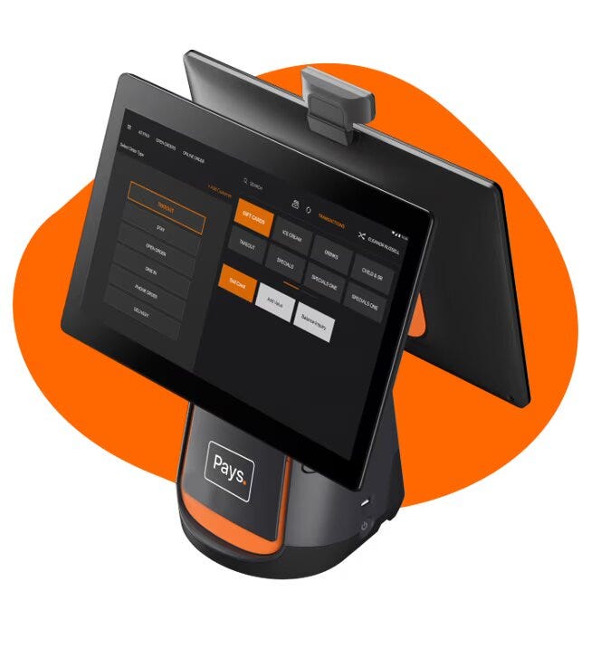 Image of the Pays POS system, featuring a sleek touchscreen interface designed to optimize restaurant and bar operation