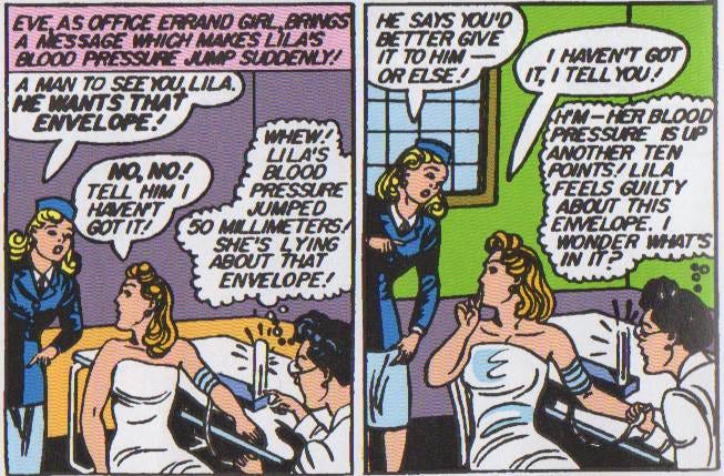 Wonder Woman as Diana Prince administering a lie detector test in “A Spy in the Office” in Sensation Comics #3 (March 1942)