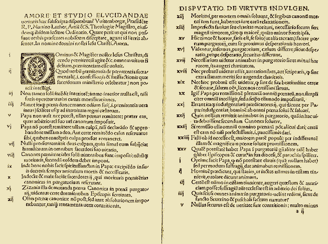 An image of the 95 theses; black text on a cream background.