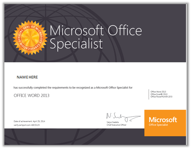Contoh sertifikasi Microsoft Office Specialist