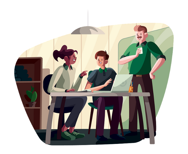 Ilustração com dois jovens, um homen e uma mulher, sentados possivelmente trocando ideias sobre um trabalho e um homem aparentando mais experiencia, em pé ouvindo a conversa e auxiliando os jovens.