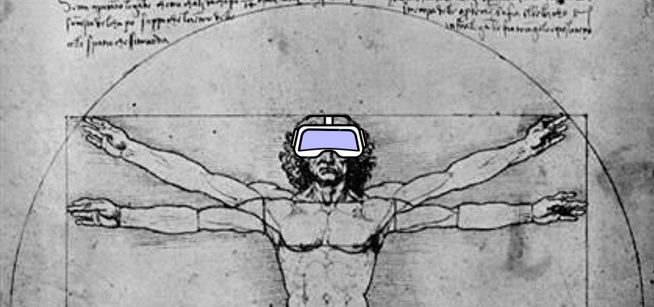 The Vitruvian Men wearing a VR helmet as a way of illustrate that ergonomic bias is also present in these technology.