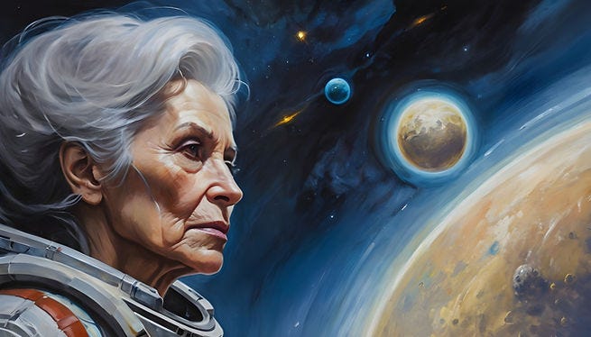 An older woman looks critically at the unmarked surface of a planet, against a dark blue and starry sky.