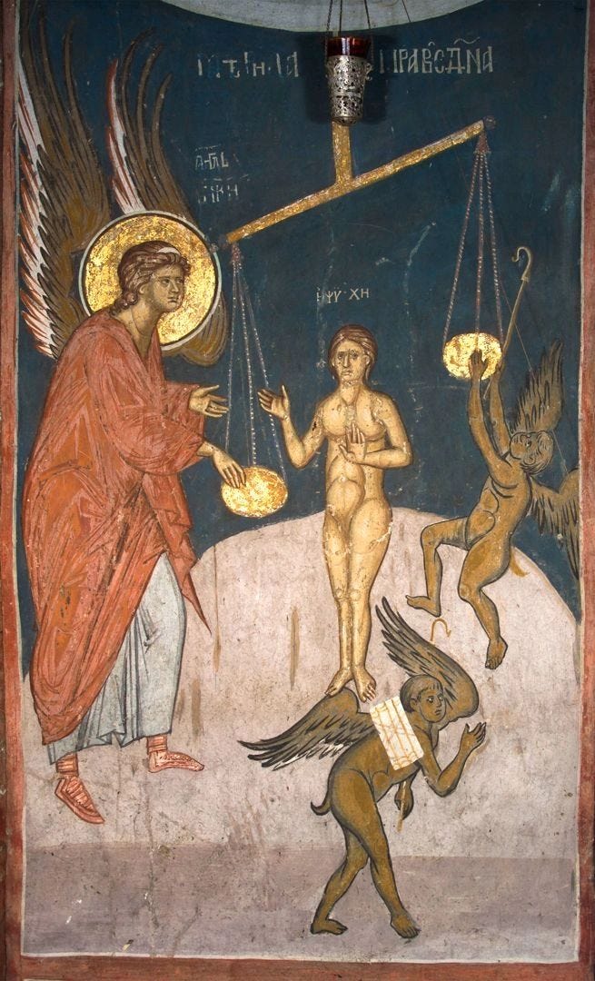 Detail of Orthodox Christian Icon of the Second Coming in which an Angel is holding down the scales to save a person’s soul while the demons try in vain to weigh down the other side.