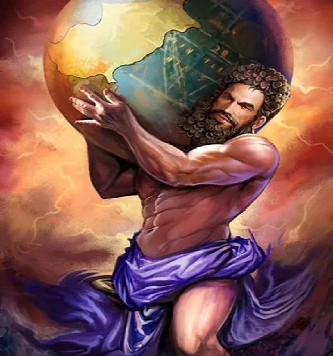Titan god Atlas holding the earth up his shoulder