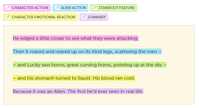 A snippet of text from Phoenix, with markup highlighting character action, alien action, standout alien feature, character emotional reaction, and summary of the encounter.