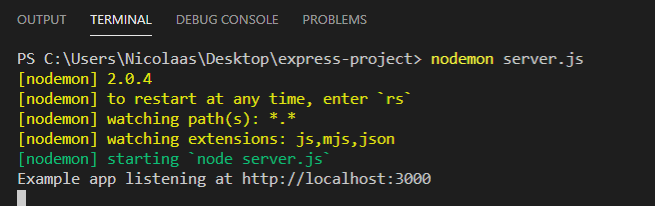 Terminal snippet showing you that the application is running via Nodemon