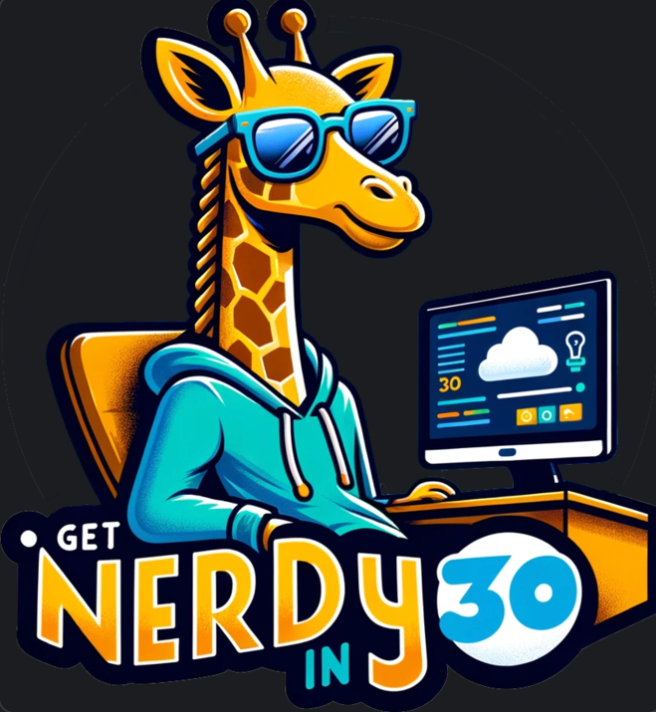 get nerdy in 30 logo with a Giraffe looking nerdy