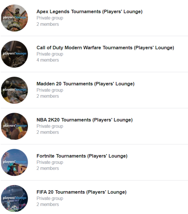 Facebook group for online video game tournaments on Players’ Lounge