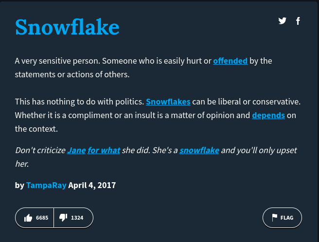 Image of the definition Snowflake: A very sensitive person. Someone who is easily hurt or offended by the statements or actions of others. This has nothing to do with politics. Snowflakes can be liberal or conservative. Whether it is a compliment or an insult is a matter of opinion and depends on the context. Don’t criticize Jane for what she did. She’s a snowflake and you’ll only upset her. by TampaRay April 4, 2017