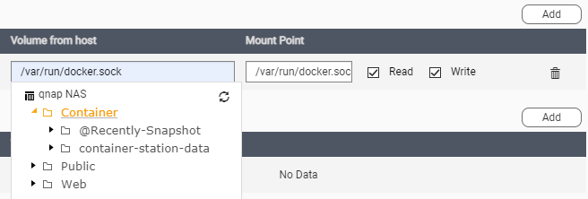 Screenshot of the input field for the local path kafter editing the page source and entering /var/run/docker.sock