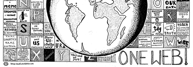A sketch of a globe with highlighted words “ONE WEB”.