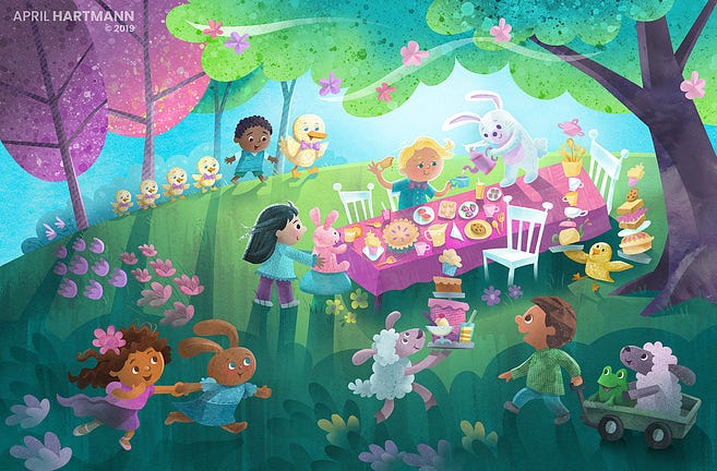 Enchanted Spring Picnic by April Hartmann. Big celebration at the Easter Bunny’s garden with tea, cakes, pies, and biscuits — mmm!