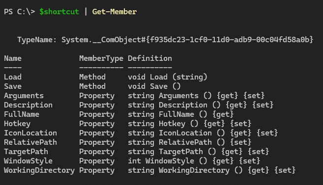 Screenshot showing available properties and methods of the shortcut object created with the WShell.Script.CreateShortcut()