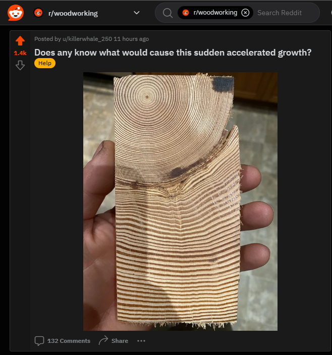 A close-up photo of a person’s hand holding a piece of wood with a peculiar growth pattern, shared on the subreddit r/woodworking. The wood shows dense, regular growth rings on one end, transitioning to widely spaced rings, indicating a period of sudden accelerated growth. The post is titled “Does any know what would cause this sudden accelerated growth?” and is marked with a “Help” flair. The user who posted it is “u/killerwhale_250” and the post has received 1.4k upvotes and 132 comments. [Alt