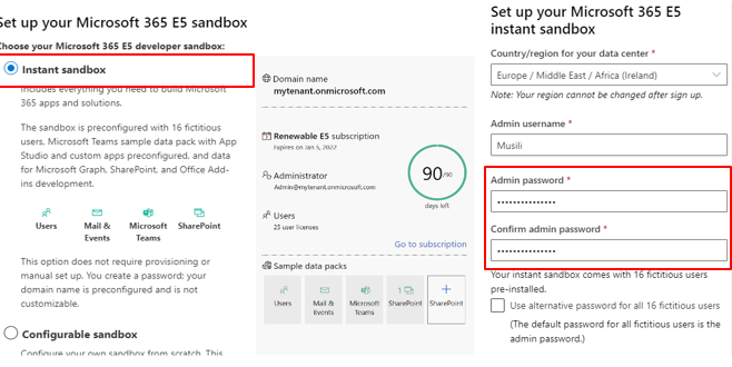 A rectangle box with check box to set up a Microsoft E5 Sandbox and admin rights