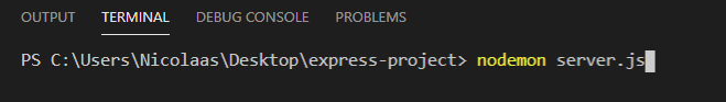 Terminal snippet showing you how to start application with Nodemon