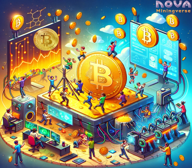 Illustration for the article about Nova Miningverse leveraging the NVM token for innovative and sustainable gaming and Bitcoin mining. The image showcases a dynamic blend of futuristic gaming elements and Bitcoin mining symbols within a vibrant digital landscape, highlighting Nova Miningverse’s approach to integrating cryptocurrency into a sustainable gaming environment.
