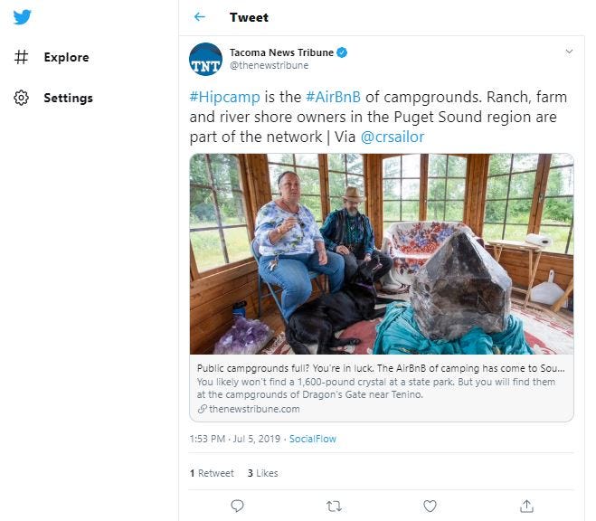 Tweet By Tacoma News Tribune of Article About Hipcamp