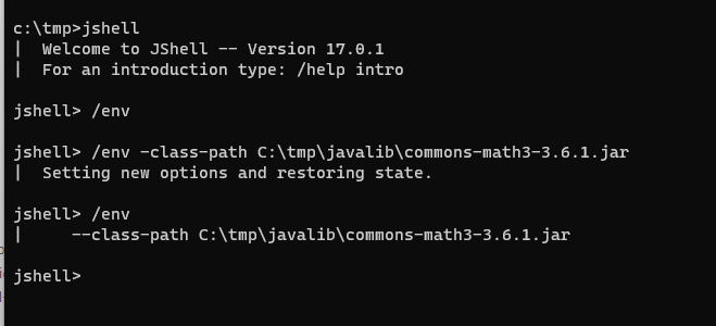 Copie d’écran illustrant le fonctionnement de la commande /env pour modifier le classpath de la session