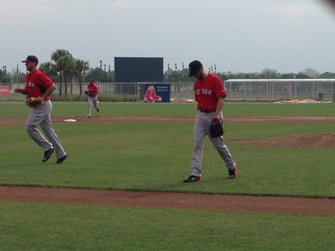 Joe Kelly walking off the mound after working this morning's intrasquad game.