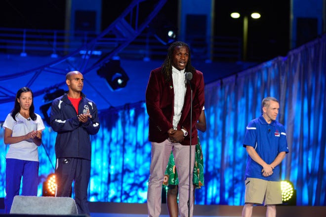 Jamaal Charles, Professional Football Player, talks to the Special Olympics Athletes about courage.