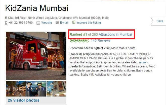 TripAdvisor Rank 1 - All Attractions Mumbai - 31st Oct KZMUM