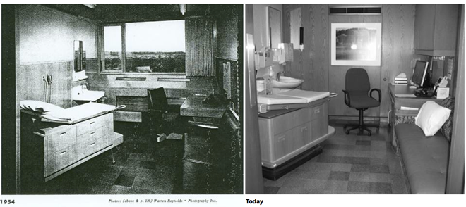 Comparação histórica entre como salas de exame mudaram ao longo dos anos.