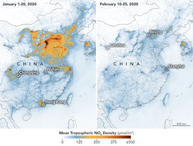 Satellite image showing pollution over China before vs during Covid-19.